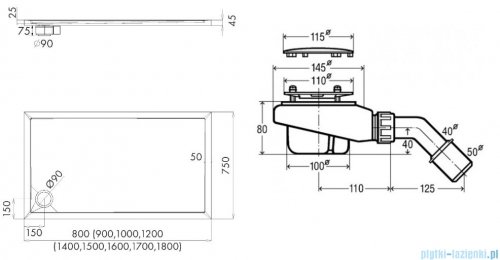 Schedpol Caspar New 140x75cm brodzik prostokątny + syfon 3.2380