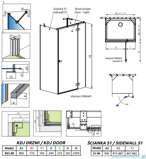Radaway Fuenta Kdj+S kabina 90x80x90cm prawa chrom połysk szkło przejrzyste 1384050-01-01/1384021-01-01R/1384050-01-01