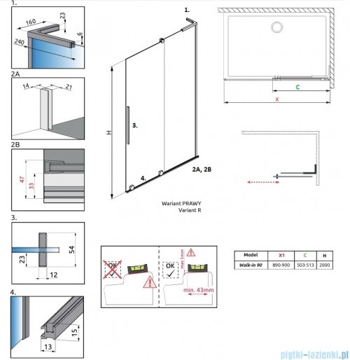 Radaway Furo SL Brushed GunMetal  kabina Walk-in 90x200cm prawa szczotkowany grafit 10306488-92-01R/10110444-01-01