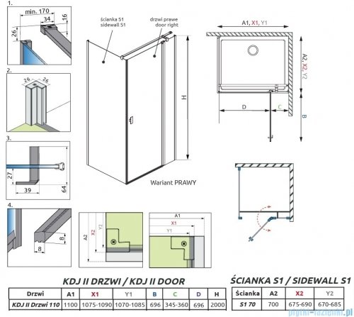 Radaway Nes 6 Kdj II Brushed Light Gold kabina 110x70cm prawa szczotkowane jasne złoto 10032110-98-01R/10039070-01-01