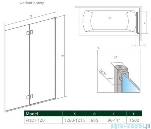 Radaway Nes Pnd I parawan nawannowy 120cm prawy przejrzyste  rysunek techniczny