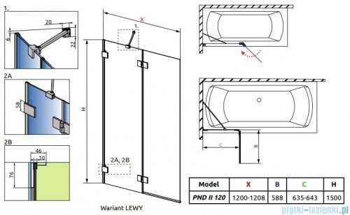 Radaway Essenza Pro Gold Pnd II parawan nawannowy 120cm Lewy złoty połysk/szkło przejrzyste  10102120-09-01L