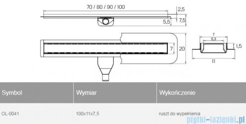 New Trendy Vimo odpływ liniowy z rusztem do wypełnienia 100x11x7,5 cm OL-0041
