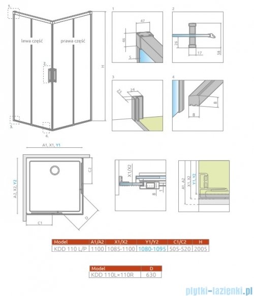 Radaway Idea Kdd Brushed GunMetal kabina 110x110cm szczotkowany grafit 387063-92-01L/387063-92-01R