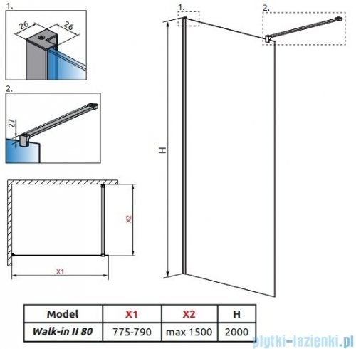 Radaway Nes Black Frame kabina Walk-in 80x200cm czarny mat/szkło przejrzyste 10013080-54-56