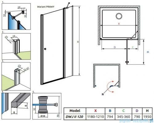 Radaway Eos DWJ II drzwi prysznicowe 120 prawe przejrzyste 13799444-01R