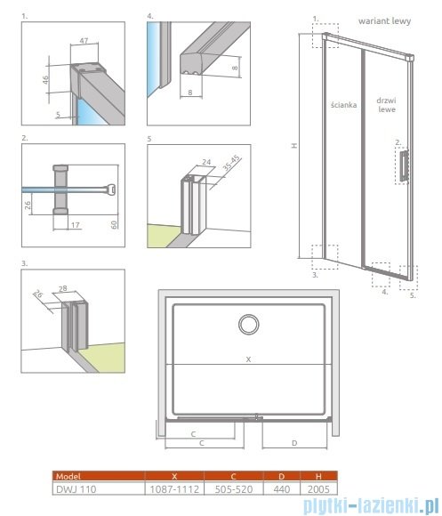 Radaway Idea 8 Dwj drzwi wnękowe 110cm lewe szkło przejrzyste 10330570-01-01L/10350503-01-01