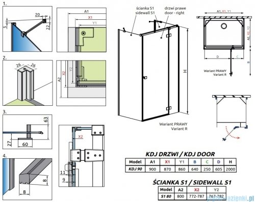 Radaway Essenza Gold Kdj+S kabina 80x90x80cm prawa złoty połysk szkło przejrzyste 1384051-01-01/1385020-09-01R/1384051-01-01