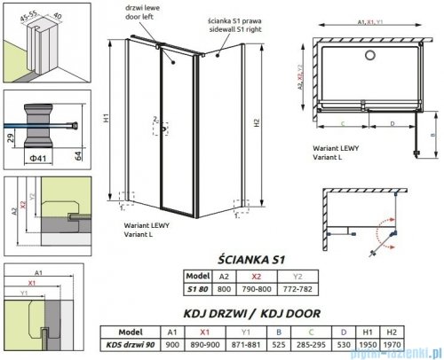 Radaway Eos II KDS kabina prysznicowa 90x80 lewa szkło przejrzyste + brodzik Argos D + syfon 3799481-01L/3799410-01R/4AD89-01