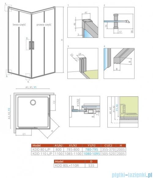 Radaway Idea Kdd Brushed GunMetal kabina 80x110cm szczotkowany grafit 387061-92-01L/387063-92-01R