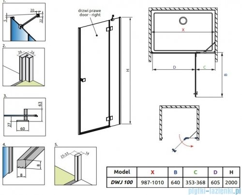 Radaway Essenza Black Dwj drzwi wnękowe 100cm prawe szkło przejrzyste 1385014-54-01R