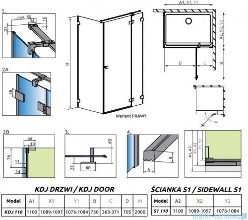 Radaway Essenza Pro Brushed Nickel Kdj kabina 110x110cm prawa szczotkowany nikiel 10097110-91-01R/10098110-01-01