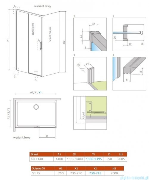 Radaway Idea Gold Kdj kabina 140x75cm lewa złoty połysk/szkło przejrzyste 387044-09-01L/387049-09-01R