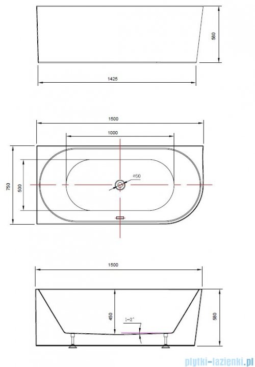 The North Bath Calia wanna wolnostojąca przyścienna lewa 150x75cm + syfon Klik-klak 6845-1501L