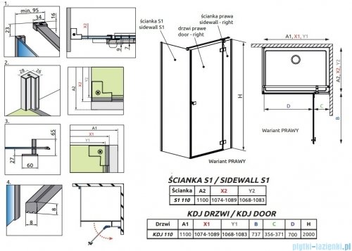 Radaway Essenza 8 Brushed Nickel Kdj kabina 110x110cm prawa szczotkowany nikiel 10480712-01-01R/10470337-91-01R/10113110-01-01