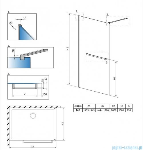 Radaway Modo New II Brushed Nickel z wieszakiem kabina Walk-in 145x200 szczotkowany nikiel 389145-91-01W