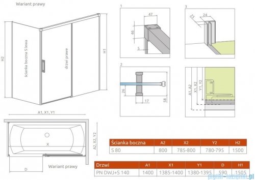 Radaway Idea Pn Dwj+S parawan nawannowy 140x80cm prawy przejrzyste 10042140-01-01R/10005080-01-01L
