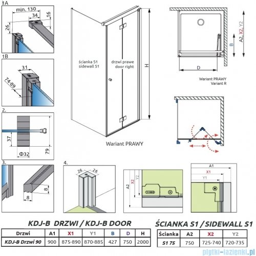 Radaway Nes Kdj B Brushed GunMetal kabina 90x75cm prawa szczotkowany grafit 10025090-92-01R/10039075-01-01