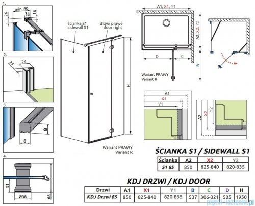 Radaway Torrenta KDJ kabina prysznicowa 85x85 prawa przejrzyste wspornik krzyżowy 133285-01-01R/1330085-01-01