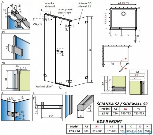 Radaway Arta Kds II kabina 90x75cm lewa szkło przejrzyste 386521-03-01R+1386101-03-01+386108-03-01