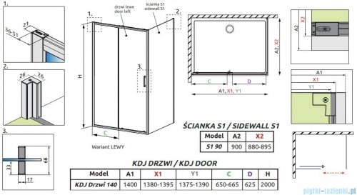 Radaway Premium Pro Black Kdj kabina 140x90cm lewa czarny mat/szkło przejrzyste 1015140-54-01L/1016090-54-01