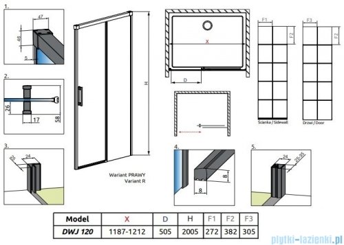 Radaway Idea Black Dwj Factory Drzwi wnękowe 120cm prawa czarny mat/szkło przejrzyste 387016-54-55R