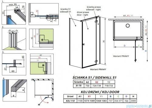 Radaway Essenza 8 Black Kdj kabina 110x75cm prawa czarny mat/szkło przejrzyste 10480712-01-01R/10470337-54-01R/10113075-01-01