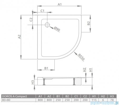  Radaway Doros A Compact Stone  brodzik półokrągły 80x80cm antracyt SDRA8080-05-64S