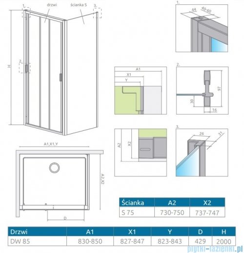 Radaway Evo DW+S kabina 85x75 szkło przejrzyste 335085-01-01/336075-01-01