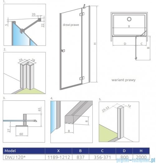 Radaway Essenza 8 Dwj drzwi wnękowe 120cm prawe szkło przejrzyste 10480812-01-01R/10460337-01-01R