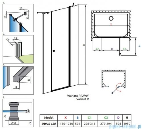 Radaway Eos DWJS drzwi prysznicowe 120 prawe przejrzyste 13799454-01R