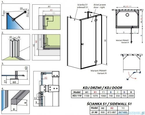 Radaway Essenza Brushed Nickel Kdj+S kabina 90x110x90cm prawa szczotkowany nikiel 1384050-01-01/1385023-91-01R/1384050-01-01