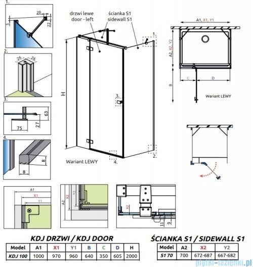 Radaway Fuenta Kdj+S kabina 70x100x70cm lewa chrom połysk szkło przejrzyste 1384048-01-01/1384022-01-01L/1384048-01-01