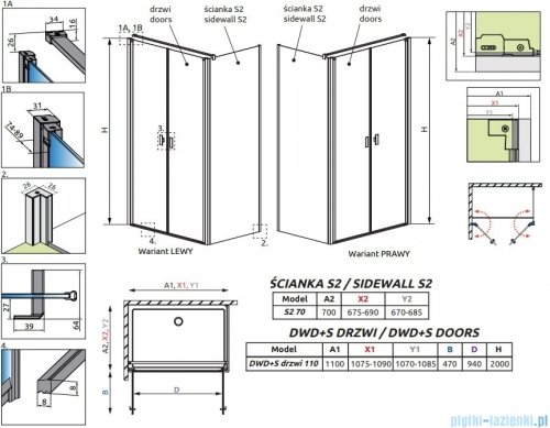 Radaway Nes Black DWD+S kabina 110x70cm czarny mat/szkło przejrzyste 10034110-54-01/10040070-54-01