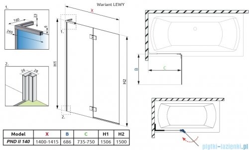 Radaway Essenza 8 SL Brushed GunMetal PND II parawan nawannowy 140cm lewy szczotkowany grafit/przejrzyste 10500140-92-01L