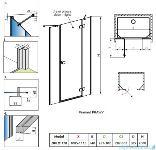 Radaway Fuenta Dwjs drzwi wnękowe 110cm prawe chrom połysk szkło przejrzyste 1384030-01-01R/1384090-01-01