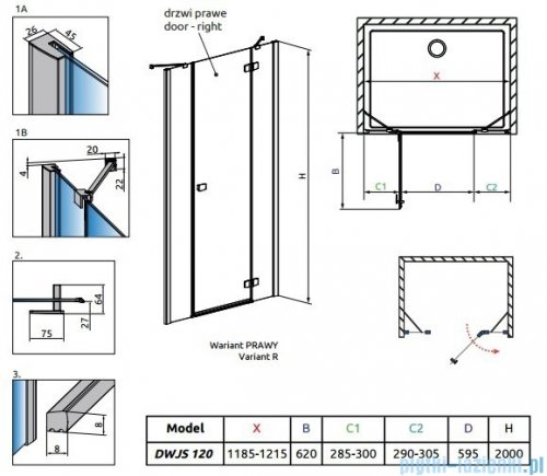 Radaway Fuenta New DWJS drzwi wnękowe 120cm prawe szkło przejrzyste 384031-01-01R/384090-01-01