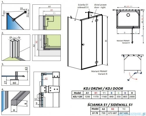 Radaway Essenza Brushed Copper Kdj+S kabina 70x120x70cm prawa szczotkowana miedź 1384048-01-01/1385024-93-01R/1384048-01-01