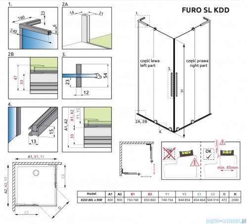 Radaway Furo SL Brushed Nickel KDD kabina 80x90cm szczotkowany nikiel 10305080-91-01L/10305090-91-01R