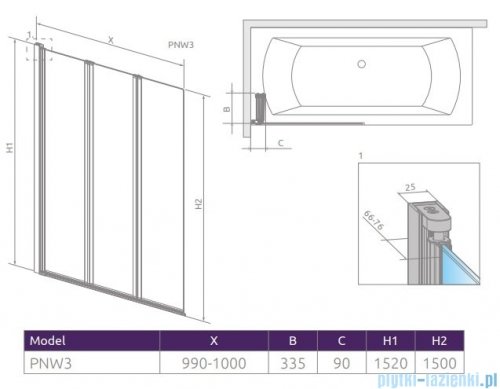 Radaway Eos PNW3 Parawan nawannowy 100 szkło przejrzyste 205301-101