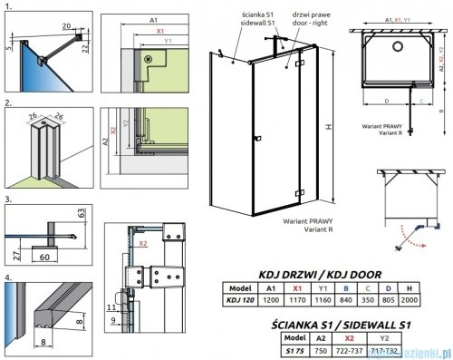 Radaway Essenza Brushed Copper Kdj+S kabina 75x120x75cm prawa szczotkowana miedź 1384049-01-01/1385024-93-01R/1384049-01-01