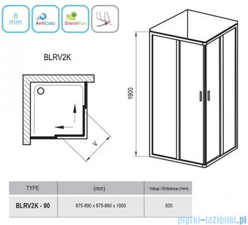 Ravak Blix BLRV2K drzwi prysznicowe 1/2 90cm białe transparent Anticalc 1XV70100Z1