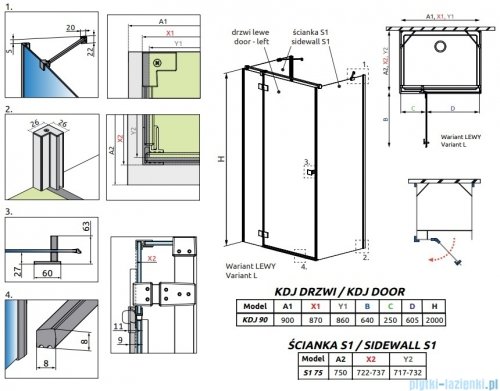 Radaway Essenza Gold Kdj+S kabina 75x90x75cm lewa złoty połysk szkło przejrzyste 1384049-01-01/1385020-09-01L/1384049-01-01