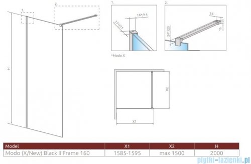 Radaway Modo New Black II  Frame 160x200 kabina Walk-in czarny mat/szkło przejrzyste 389164-54-56