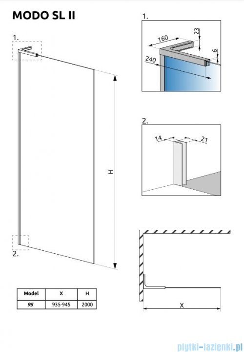 Radaway Modo SL II Brushed GunMetal kabina Walk-in 95x200 lewa szczotkowany grafit 10319095-92-01L