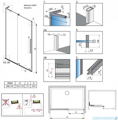 Radaway Furo SL Brushed Nickel DWJ drzwi prysznicowe 110cm lewe szczotkowany nikiel  10307572-91-01L/10110530-01-01
