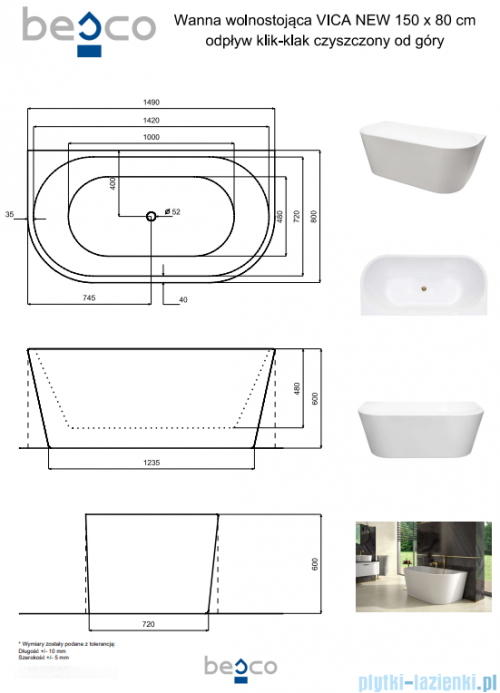 Besco Vica New wanna 150x80cm wolnostojąca przyścienna z odpływem klik-klak czarny matt #WAS-150VNCO
