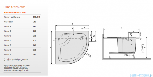 Sanplast Eko Plus BPzs-a/EKOPLUS brodzik półokrągły 80x80x25 cm + stelaż 615-131-0620-01-000
