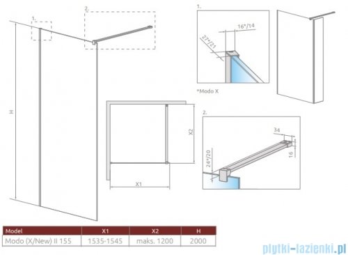 Radaway Modo New II kabina Walk-in 155x200 szkło przejrzyste 389155-01-01