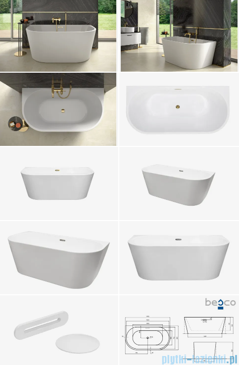 Besco Vica New wanna 150x80cm wolnostojąca przyścienna z przelewem szczelinowym slim syfon klik-klak biały #WAS-150VNBI